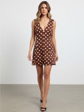 Brown Polka Dot V-Neck Sleeveless Dress
